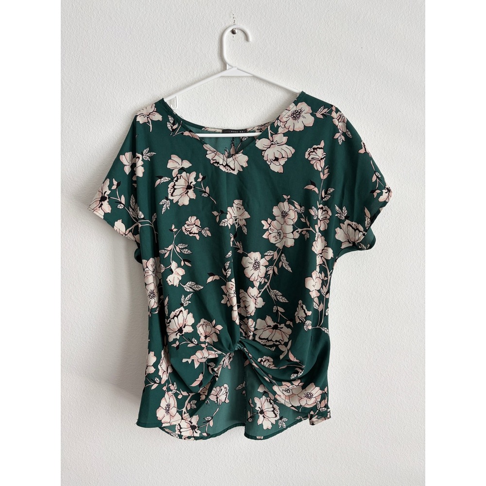 West Kei Green Floral V-Neck Front Knot Short Sleeve Blouse Top